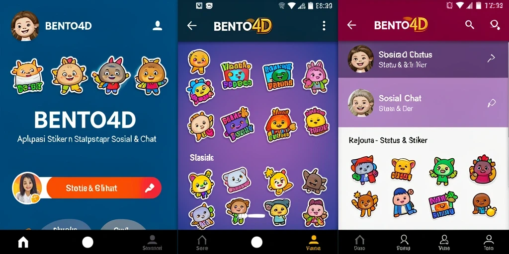 Tampilan antarmuka aplikasi BENTO4D dengan berbagai stiker dan status.
